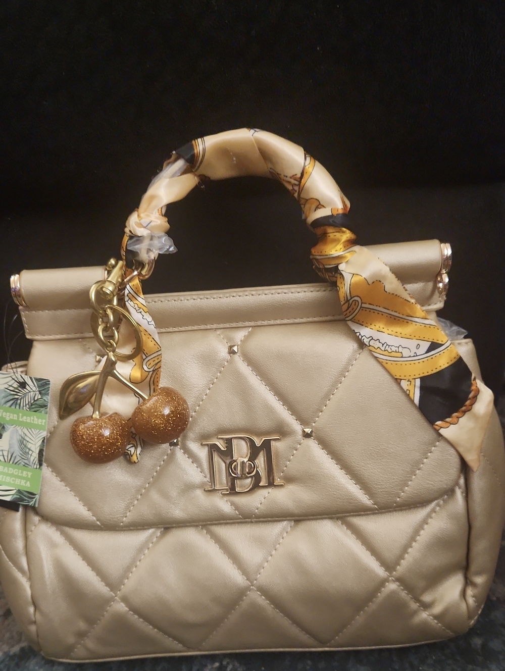 Badgley Mischka Champagne Gold Quilted Satchel with Scarf-Wrapped Handle
